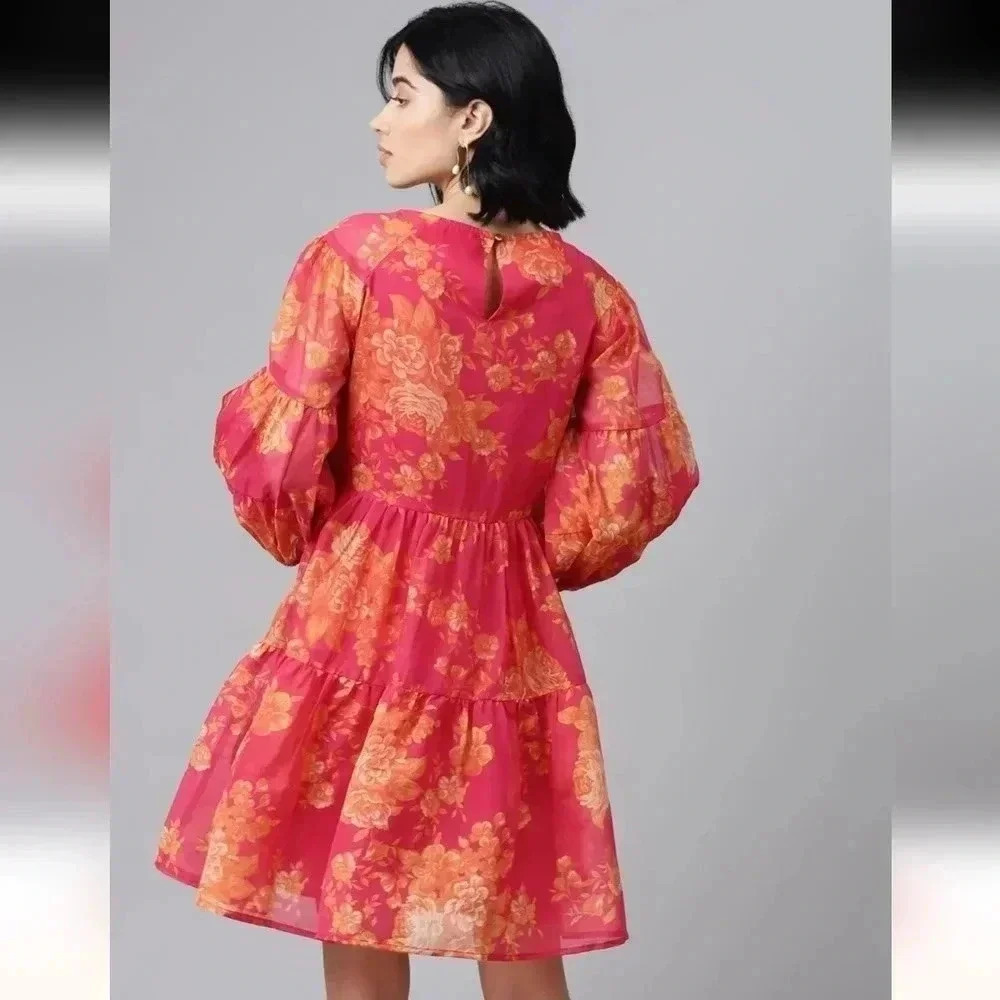 SASSAFRAS Fuchsia Floral Drop Shoulder Tiered Dress - Picture 3 of 8